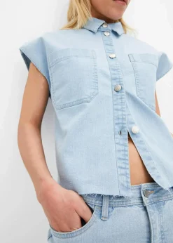 bonprix Bekleidung·Jacken & Mäntel|Blusen & Tuniken^Kurze Boxy-Jeansbluse eisblau denim used