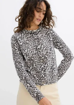 bonprix Strickmode|Pullover & Strickjacken^Kurze Feinstrickjacke beige leo bedruckt