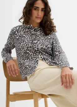 bonprix Strickmode|Pullover & Strickjacken^Kurze Feinstrickjacke beige leo bedruckt