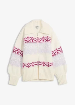 bonprix Bekleidung·Jeans|Pullover & Strickjacken^Kurze Norweger-Strickjacke perlweiß bedruckt