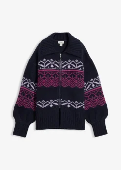 bonprix Pullover & Strickjacken|Bekleidung·Jeans^Kurze Norweger-Strickjacke dunkelblau bedruckt