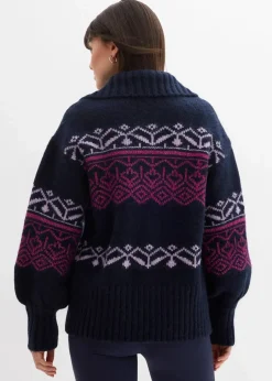 bonprix Pullover & Strickjacken|Bekleidung·Jeans^Kurze Norweger-Strickjacke dunkelblau bedruckt