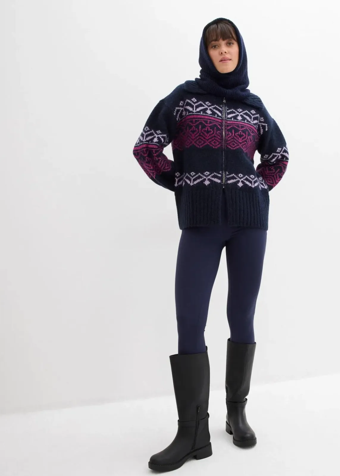 bonprix Pullover & Strickjacken|Bekleidung·Jeans^Kurze Norweger-Strickjacke dunkelblau bedruckt