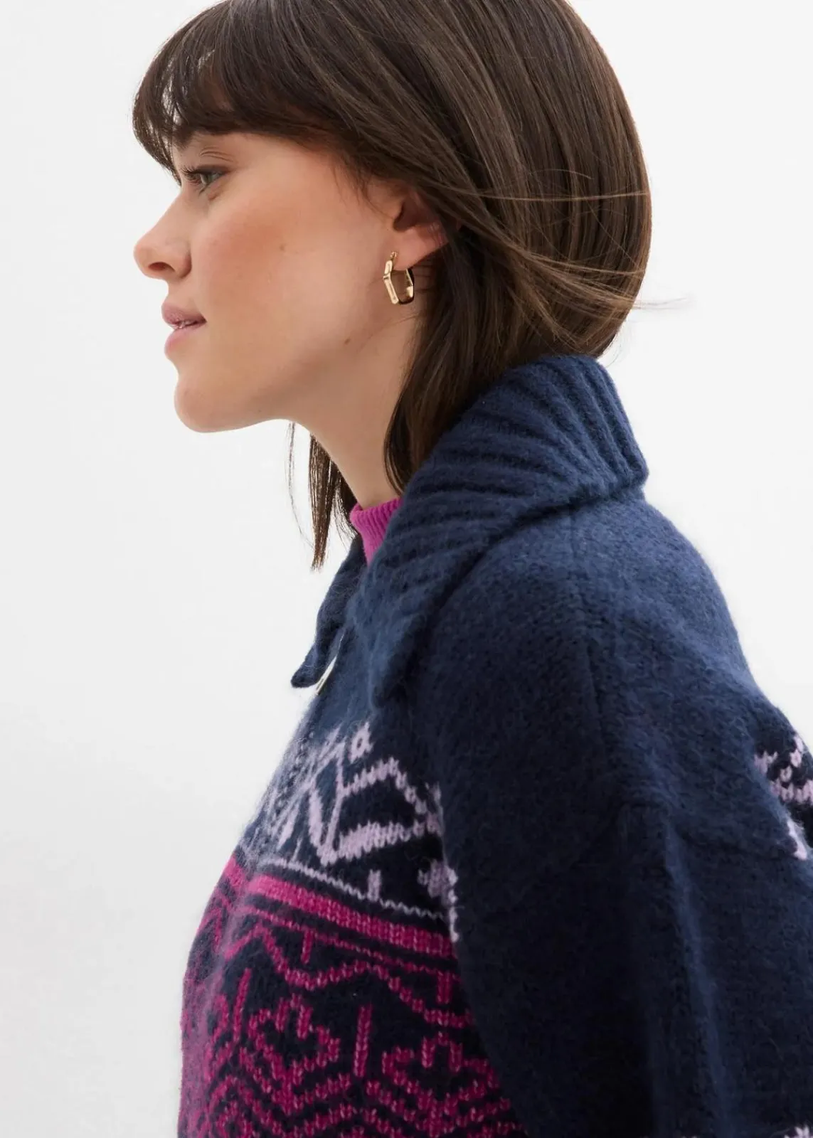bonprix Pullover & Strickjacken|Bekleidung·Jeans^Kurze Norweger-Strickjacke dunkelblau bedruckt