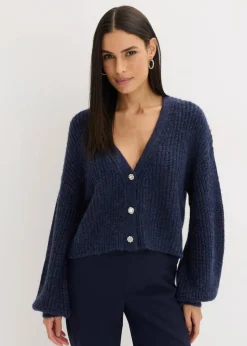 bonprix Bekleidung·Umstandsmode|Bekleidung·Jeans^Kurze Strickjacke mit Glitzergarn und Wollanteil dunkelblau meliert