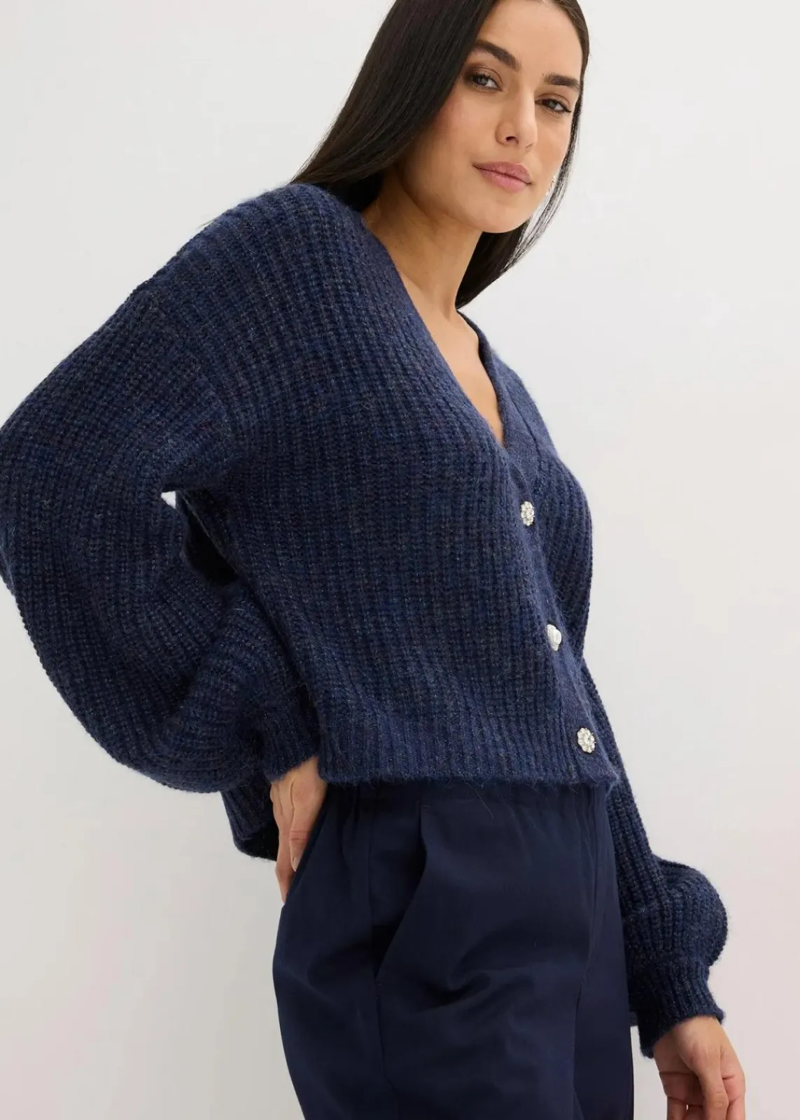 bonprix Bekleidung·Umstandsmode|Bekleidung·Jeans^Kurze Strickjacke mit Glitzergarn und Wollanteil dunkelblau meliert