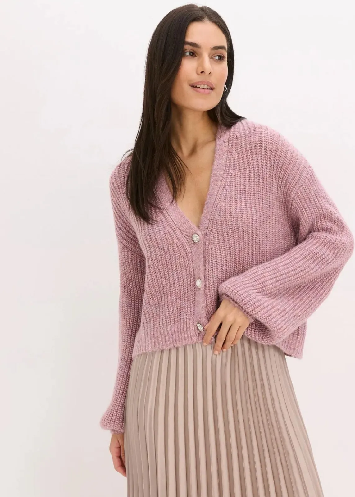 bonprix Pullover & Strickjacken|Strickmode^Kurze Strickjacke mit Glitzergarn und Wollanteil rosa meliert