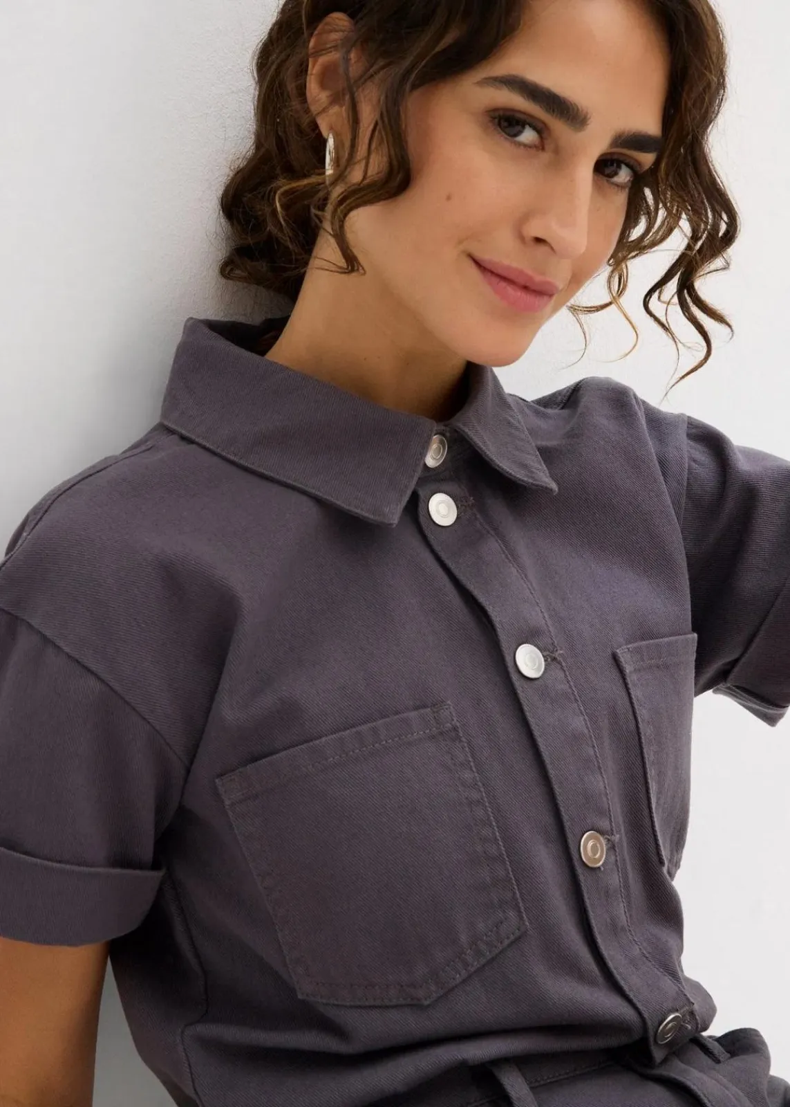 bonprix Jumpsuits^Kurzer Overall aus reiner Baumwolle schiefergrau washed