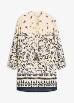 bonprix Bekleidung·Pullover & Strickjacken|Kleider^Kurzes Boho-Kleid im Leinen-Look natur/dunkelblau