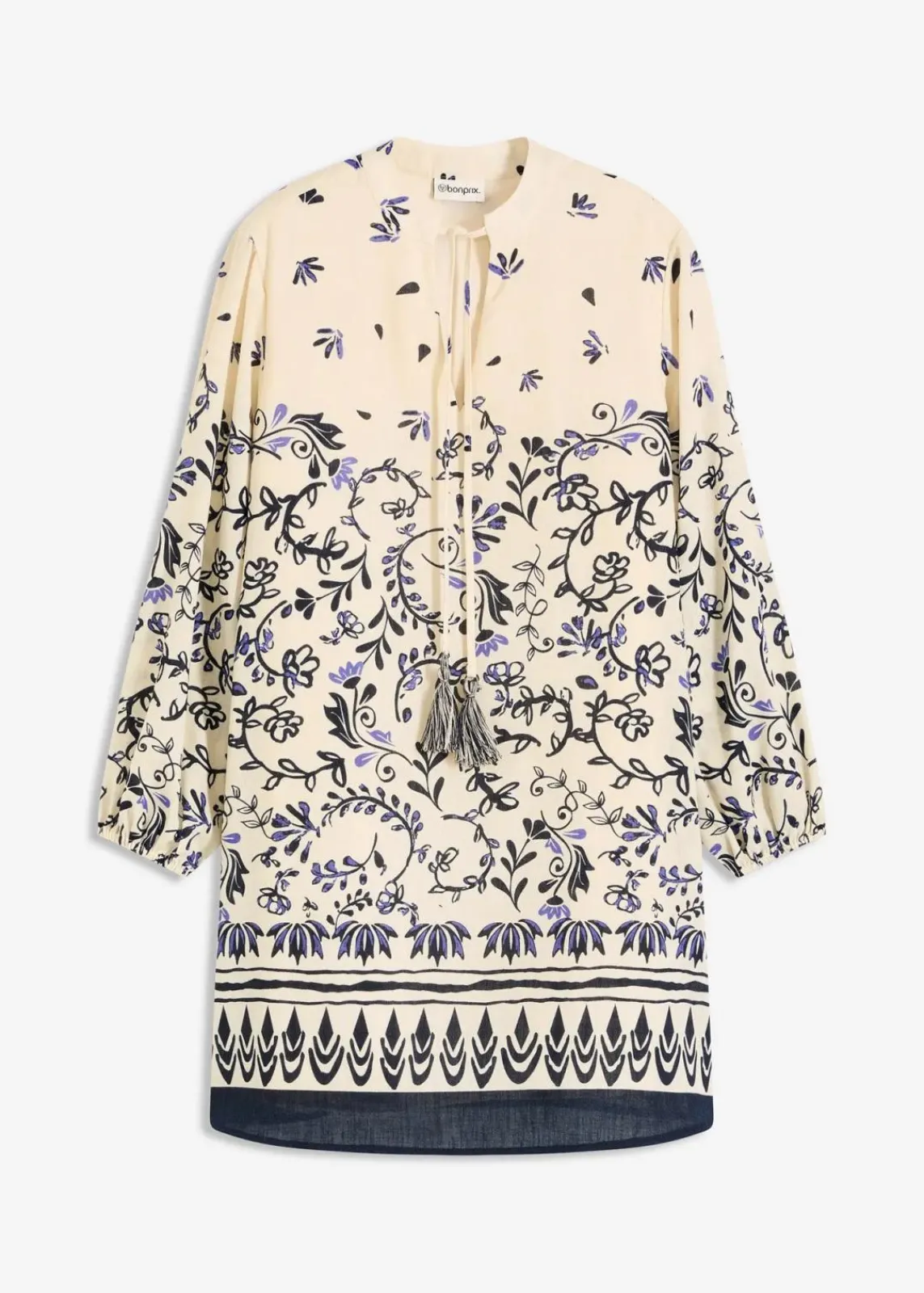 bonprix Bekleidung·Pullover & Strickjacken|Kleider^Kurzes Boho-Kleid im Leinen-Look natur/dunkelblau