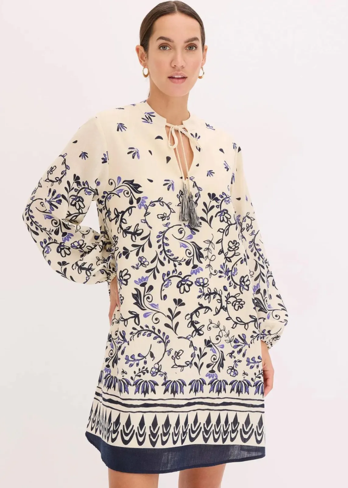 bonprix Bekleidung·Pullover & Strickjacken|Kleider^Kurzes Boho-Kleid im Leinen-Look natur/dunkelblau