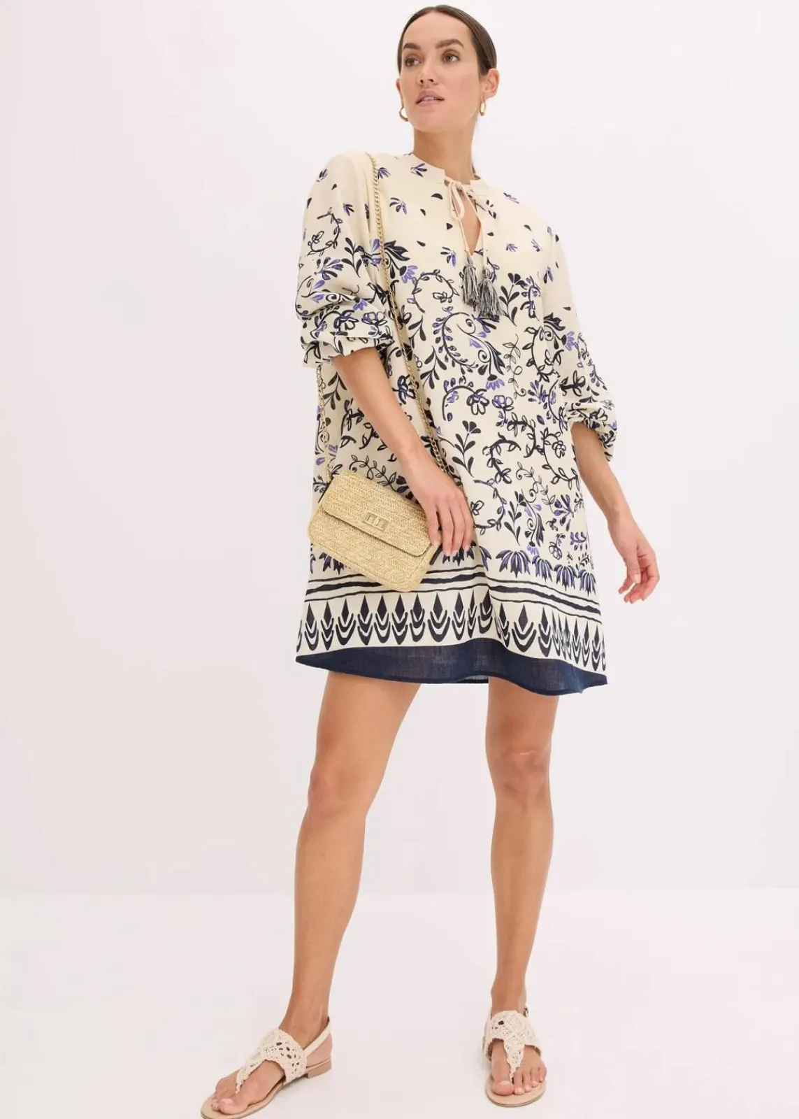 bonprix Bekleidung·Pullover & Strickjacken|Kleider^Kurzes Boho-Kleid im Leinen-Look natur/dunkelblau