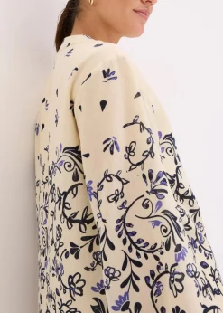 bonprix Bekleidung·Pullover & Strickjacken|Kleider^Kurzes Boho-Kleid im Leinen-Look natur/dunkelblau
