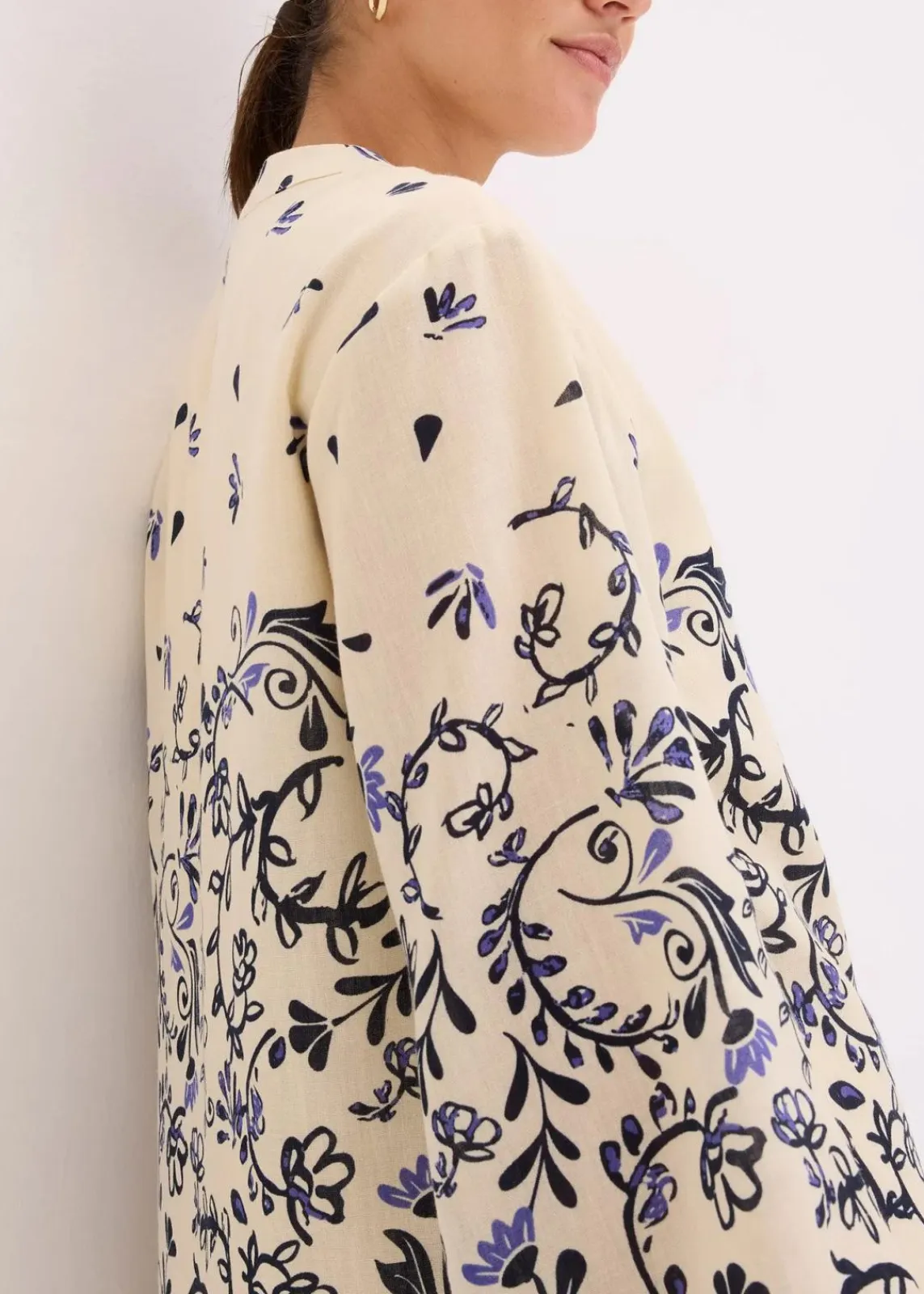 bonprix Bekleidung·Pullover & Strickjacken|Kleider^Kurzes Boho-Kleid im Leinen-Look natur/dunkelblau