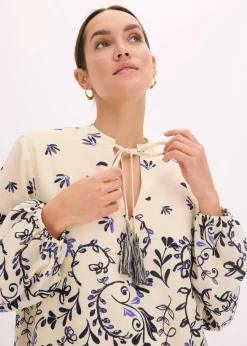bonprix Bekleidung·Pullover & Strickjacken|Kleider^Kurzes Boho-Kleid im Leinen-Look natur/dunkelblau