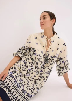 bonprix Bekleidung·Pullover & Strickjacken|Kleider^Kurzes Boho-Kleid im Leinen-Look natur/dunkelblau