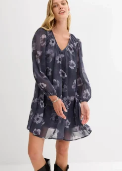 bonprix Bekleidung·Pullover & Strickjacken|Kleider^Kurzes Chiffonkleid dunkelgrau geblümt