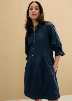 bonprix Kleider|Bekleidung·Pullover & Strickjacken^Kurzes Jeanskleid in A-Linie mit 3/4-Puffärmeln dunkelblau denim