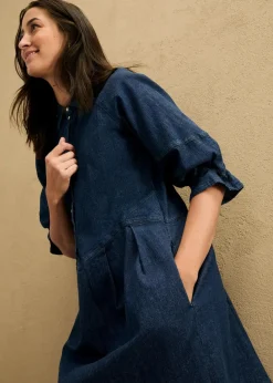 bonprix Kleider|Bekleidung·Pullover & Strickjacken^Kurzes Jeanskleid in A-Linie mit 3/4-Puffärmeln dunkelblau denim