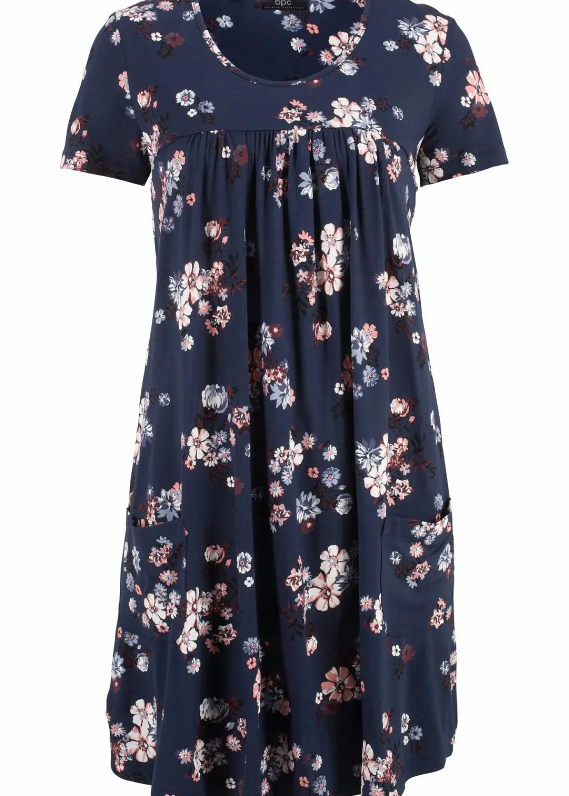 bonprix Bekleidung·Pullover & Strickjacken|Kleider^Kurzes Jerseykleid aus softem Viskose-Mix dunkelblau geblümt