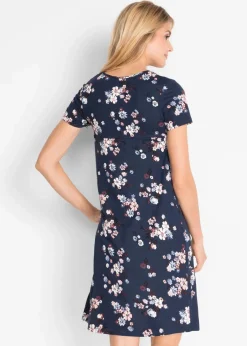 bonprix Bekleidung·Pullover & Strickjacken|Kleider^Kurzes Jerseykleid aus softem Viskose-Mix dunkelblau geblümt