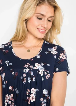 bonprix Bekleidung·Pullover & Strickjacken|Kleider^Kurzes Jerseykleid aus softem Viskose-Mix dunkelblau geblümt