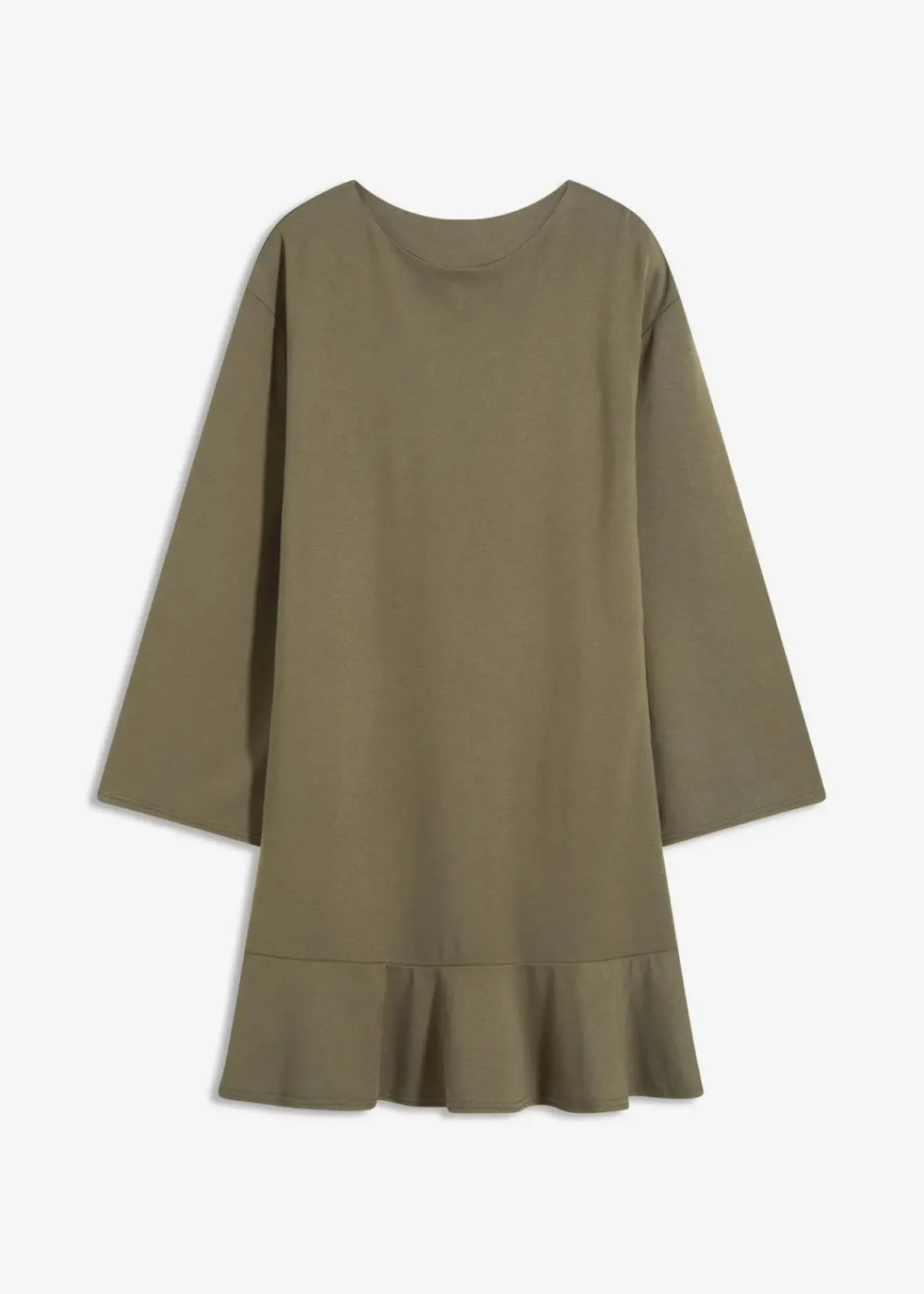 bonprix Kleider|Bekleidung·Pullover & Strickjacken^Kurzes Kleid mit Volant aus Punto di Roma dunkeloliv