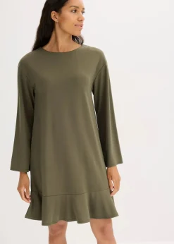 bonprix Kleider|Bekleidung·Pullover & Strickjacken^Kurzes Kleid mit Volant aus Punto di Roma dunkeloliv