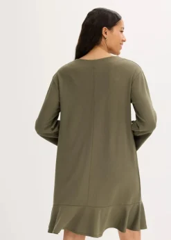 bonprix Kleider|Bekleidung·Pullover & Strickjacken^Kurzes Kleid mit Volant aus Punto di Roma dunkeloliv