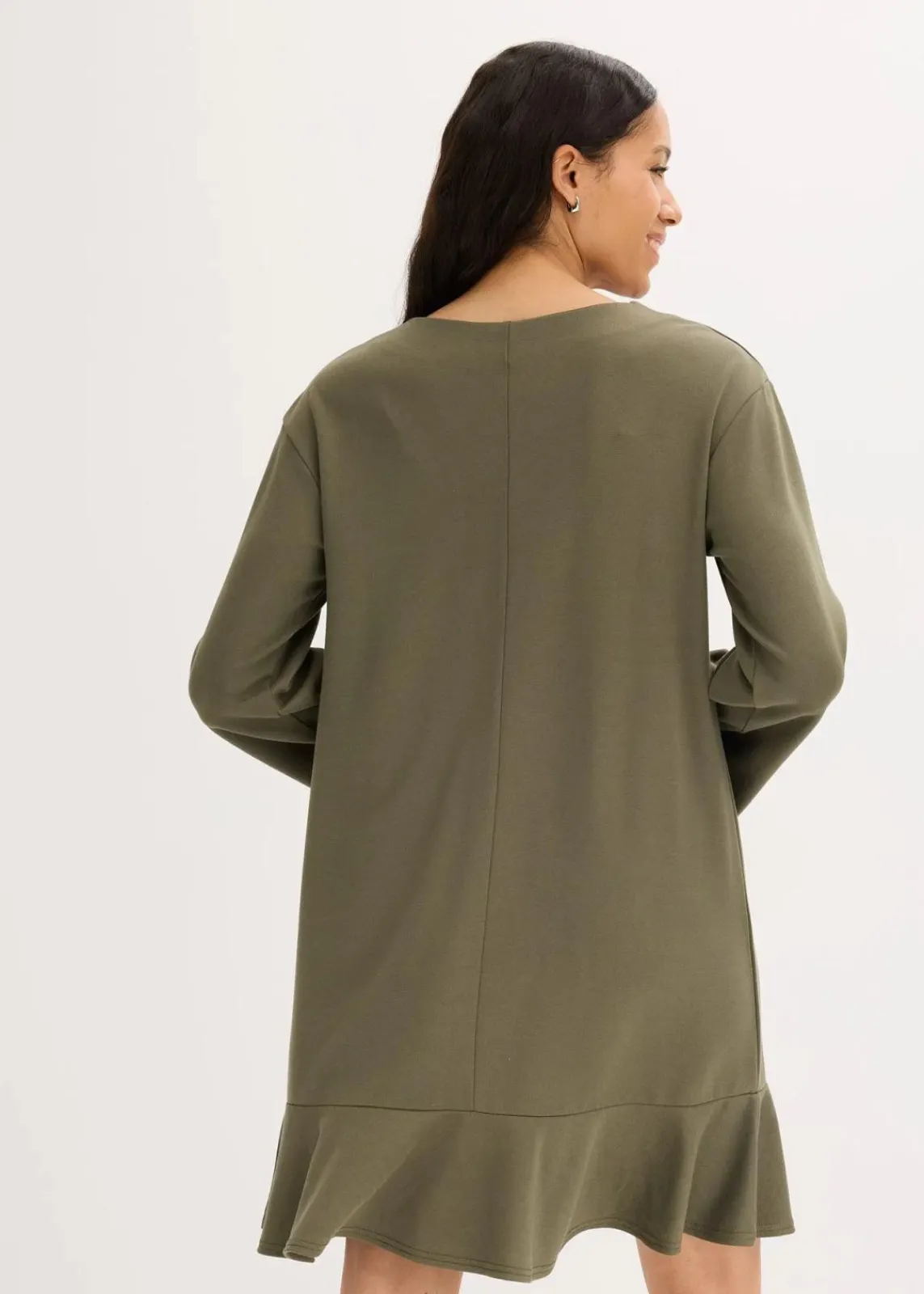 bonprix Kleider|Bekleidung·Pullover & Strickjacken^Kurzes Kleid mit Volant aus Punto di Roma dunkeloliv
