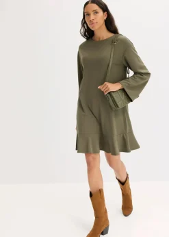 bonprix Kleider|Bekleidung·Pullover & Strickjacken^Kurzes Kleid mit Volant aus Punto di Roma dunkeloliv