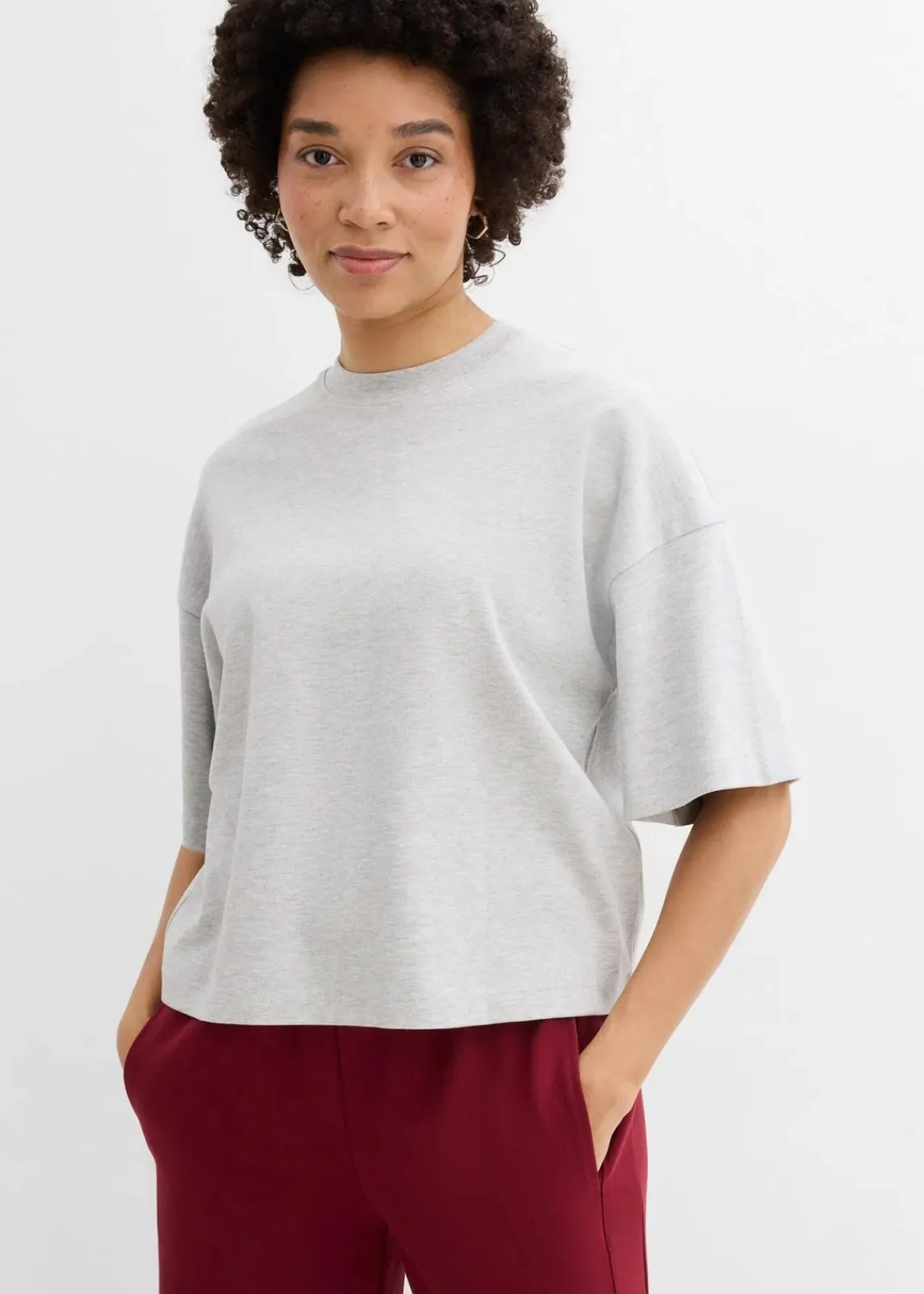 bonprix Shirts & Tops|Basics^Kurzes Oversize-Shirt aus reiner schwerer Bio-Baumwolle hellgrau meliert