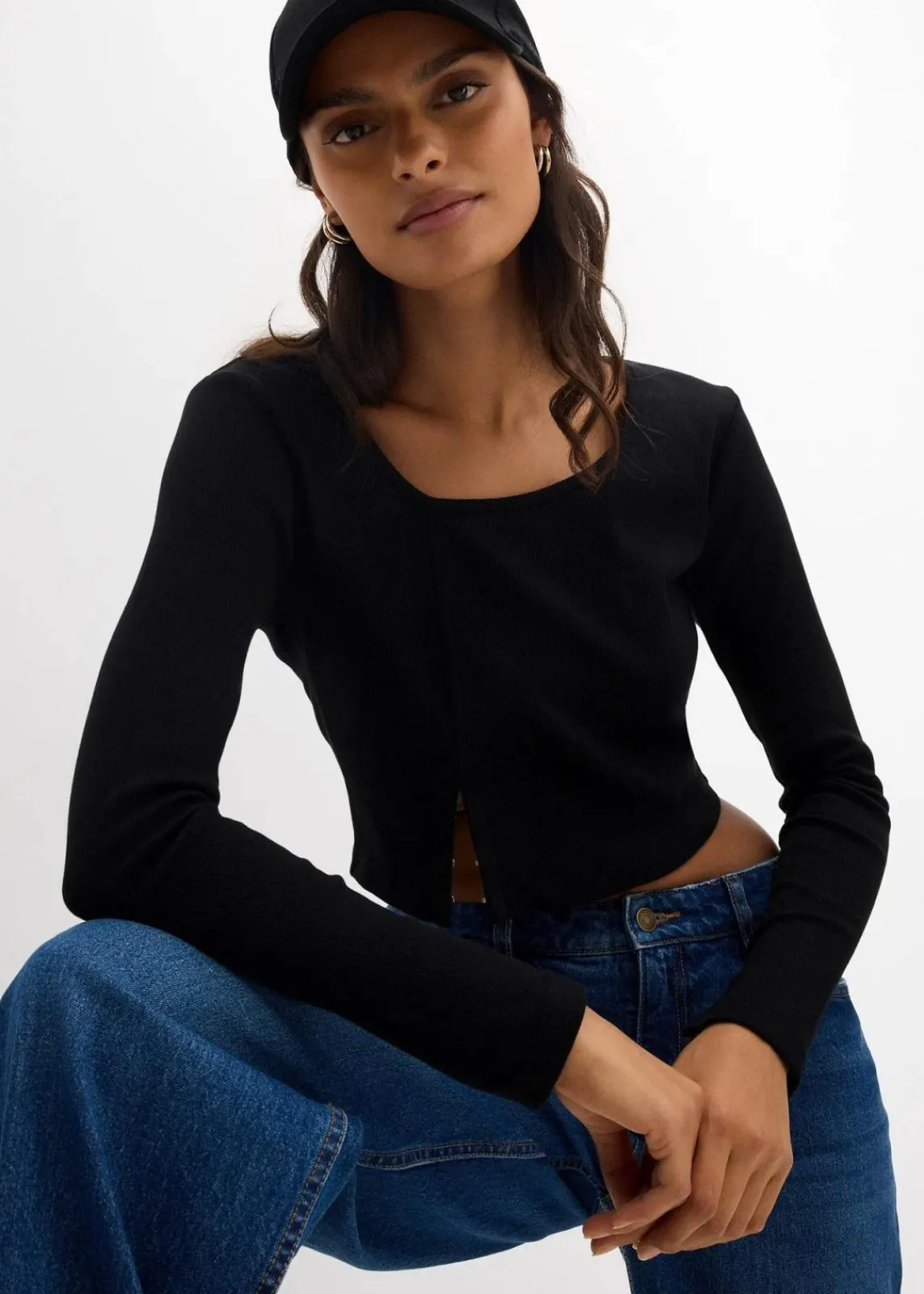 bonprix Shirts & Tops^Kurzes Rippshirt schwarz