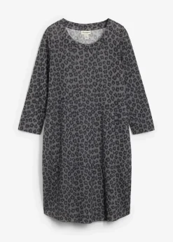 bonprix Kleider^Kurzes Shirtkleid in Strickoptik anthrazit/schwarz/rauchgrau leo bedruckt