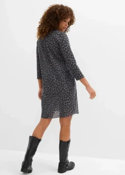 bonprix Kleider^Kurzes Shirtkleid in Strickoptik anthrazit/schwarz/rauchgrau leo bedruckt