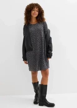 bonprix Kleider^Kurzes Shirtkleid in Strickoptik anthrazit/schwarz/rauchgrau leo bedruckt