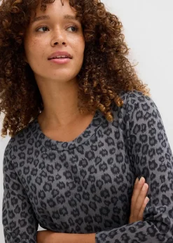 bonprix Kleider^Kurzes Shirtkleid in Strickoptik anthrazit/schwarz/rauchgrau leo bedruckt