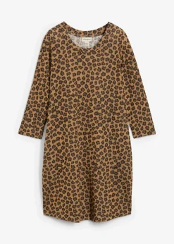 bonprix Kleider^Kurzes Shirtkleid in Strickoptik hellbraun/schwarz/camel leo bedruckt