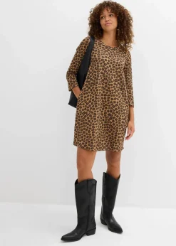 bonprix Kleider^Kurzes Shirtkleid in Strickoptik hellbraun/schwarz/camel leo bedruckt