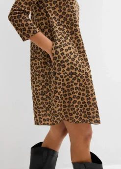 bonprix Kleider^Kurzes Shirtkleid in Strickoptik hellbraun/schwarz/camel leo bedruckt