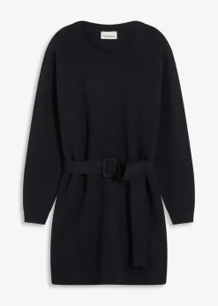 bonprix Kleider|Strickmode^Kurzes Strickkleid mit softem Wollanteil und Gürtel schwarz