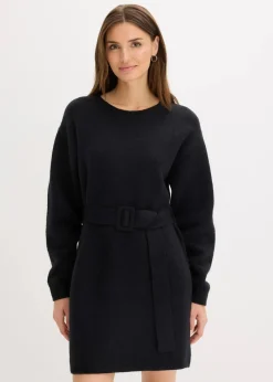 bonprix Kleider|Strickmode^Kurzes Strickkleid mit softem Wollanteil und Gürtel schwarz
