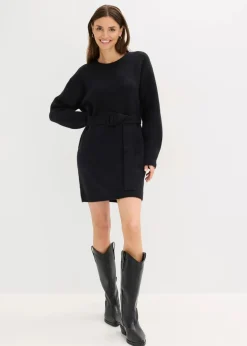 bonprix Kleider|Strickmode^Kurzes Strickkleid mit softem Wollanteil und Gürtel schwarz