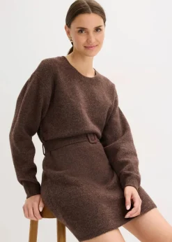 bonprix Strickmode|Kleider^Kurzes Strickkleid mit softem Wollanteil und Gürtel braun
