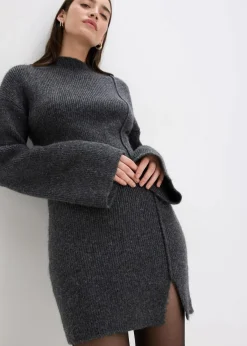 bonprix Kleider|Strickmode^Kurzes Strickkleid mit Wollanteil anthrazit meliert
