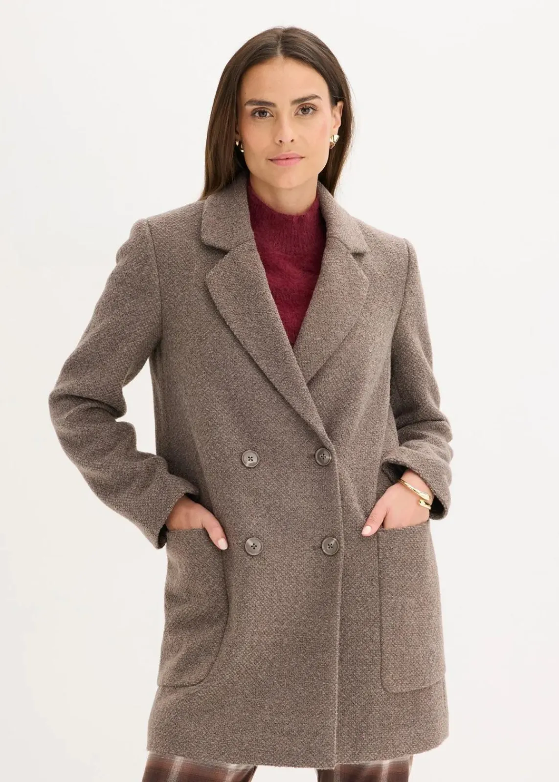 bonprix Jacken & Mäntel|Bekleidung·Hosen^Kurzmantel in Wolloptik taupe/braun meliert