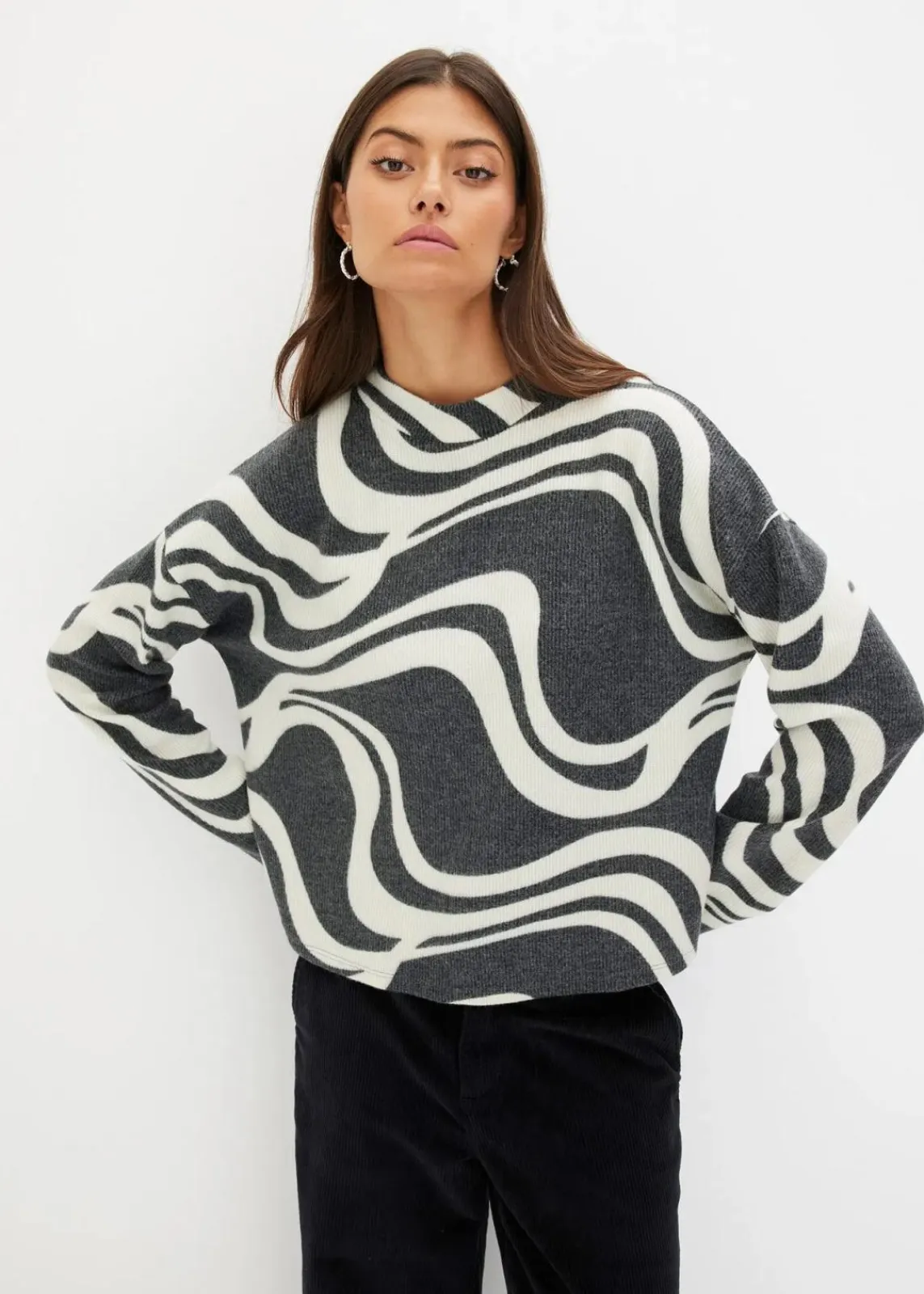 bonprix Shirts & Tops^Kuschel-Rippshirt schwarz/wollweiß