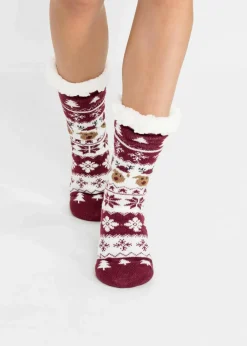 bonprix Nachhaltigere Materialien|Homewear^Kuschelsocken mit Teddyfutter mit recyceltem Polyester abendrot/weiß gemustert