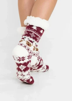 bonprix Nachhaltigere Materialien|Homewear^Kuschelsocken mit Teddyfutter mit recyceltem Polyester abendrot/weiß gemustert