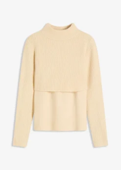 bonprix Pullover & Strickjacken|Strickmode^Lagenpullover kieselbeige/wollweiß